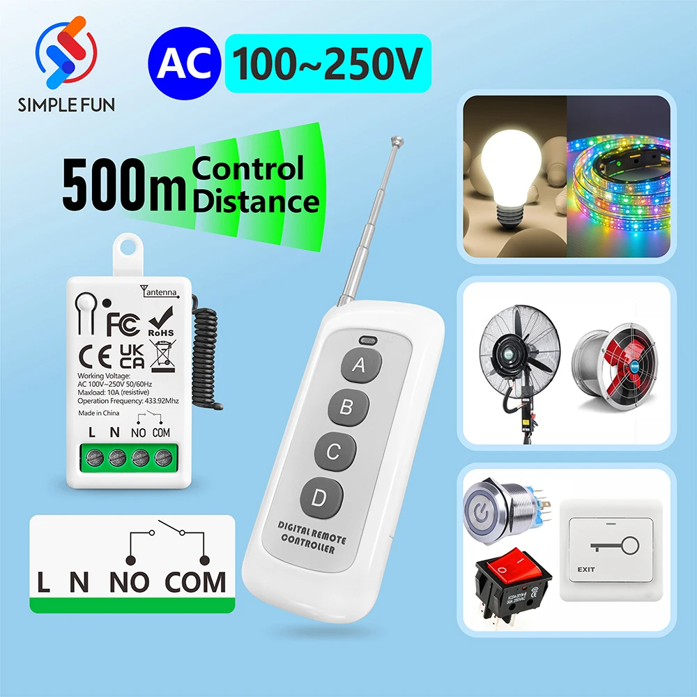 

433Mhz Universal Wireless Remote Control Switch 220V 110V 10A Relay Module 500m Range Transmitter for Light/LED/Fan/Gate Opener