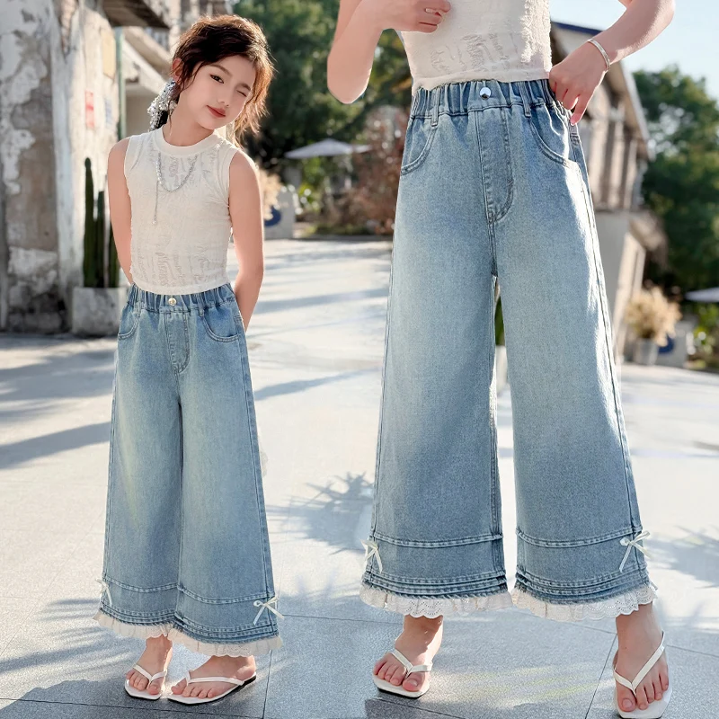 

New Fashion Children Wide Leg Jeans with Lace Bottom for Tweens Girls Street Style Denim Trousers Kids Spring Jeans Pants 5-14 T