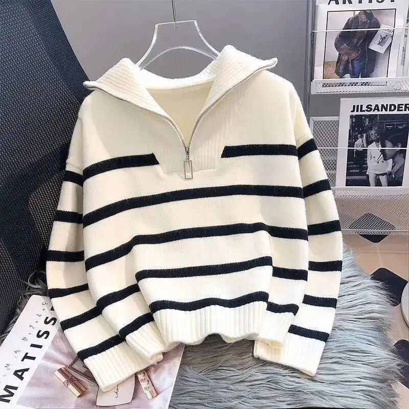 

Pullover Women Spring And Autumn Underwear 2025 New Zipper Stripe Underlay Short Style Popular Premium Sweater Female
