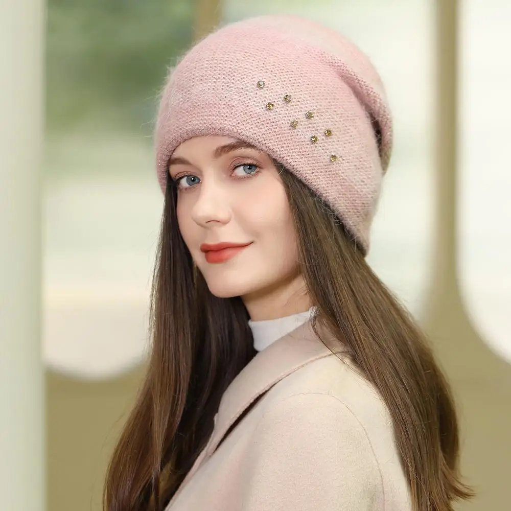 Topi Musim Dingin Wanita Berbahan Bulu Kelinci Gradasi, Topi Beanie Dekoratif Modis, Topi Musim Dingin Hangat Untuk Wanita, Topi Rajut Kasual Streetwear