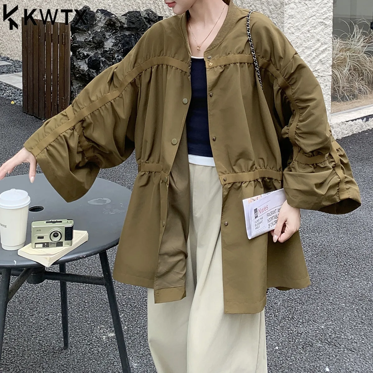 

KWTX 2025 Women’s Solid Color Trench Coat Single Breasted Round Neck Mid-Length High Quality Elegant Autumn Casual Outerwear