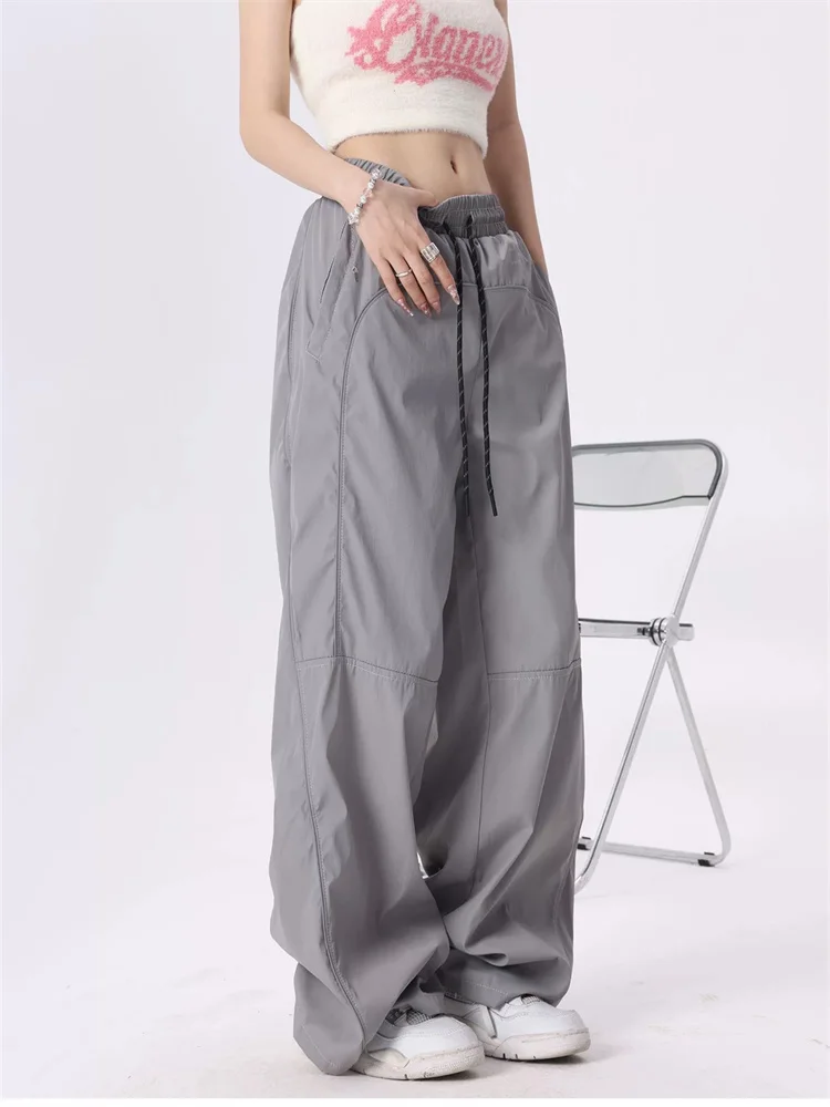 QWEEK Y2K Vintage Brown Cargo Pants Women Streetwear Reflective Gray Track Trousers Oversized Gorpcore Wide Leg Black Sweatpants