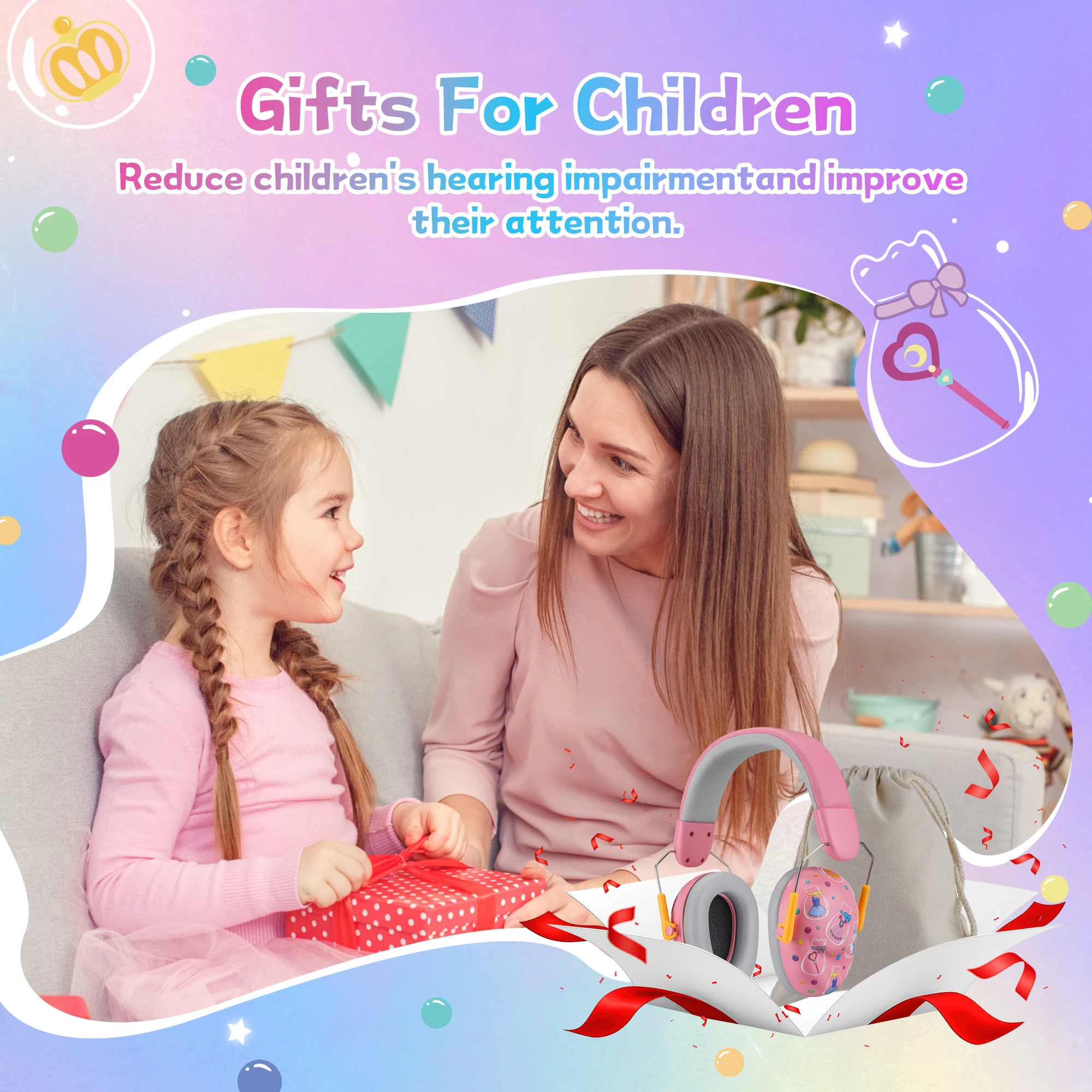 Adjustable Children Earmuffs with SNR 26dB Protection Cartoon Design Comfortable Fit for Daily Use Sleeping Travel and Sensory