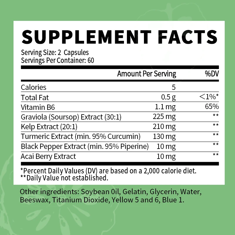 Soursop Graviola Capsules Natural Plant Extract Supplements with Turmeric, Acai Berry Extract,rich In Potent Anti-Oxidants