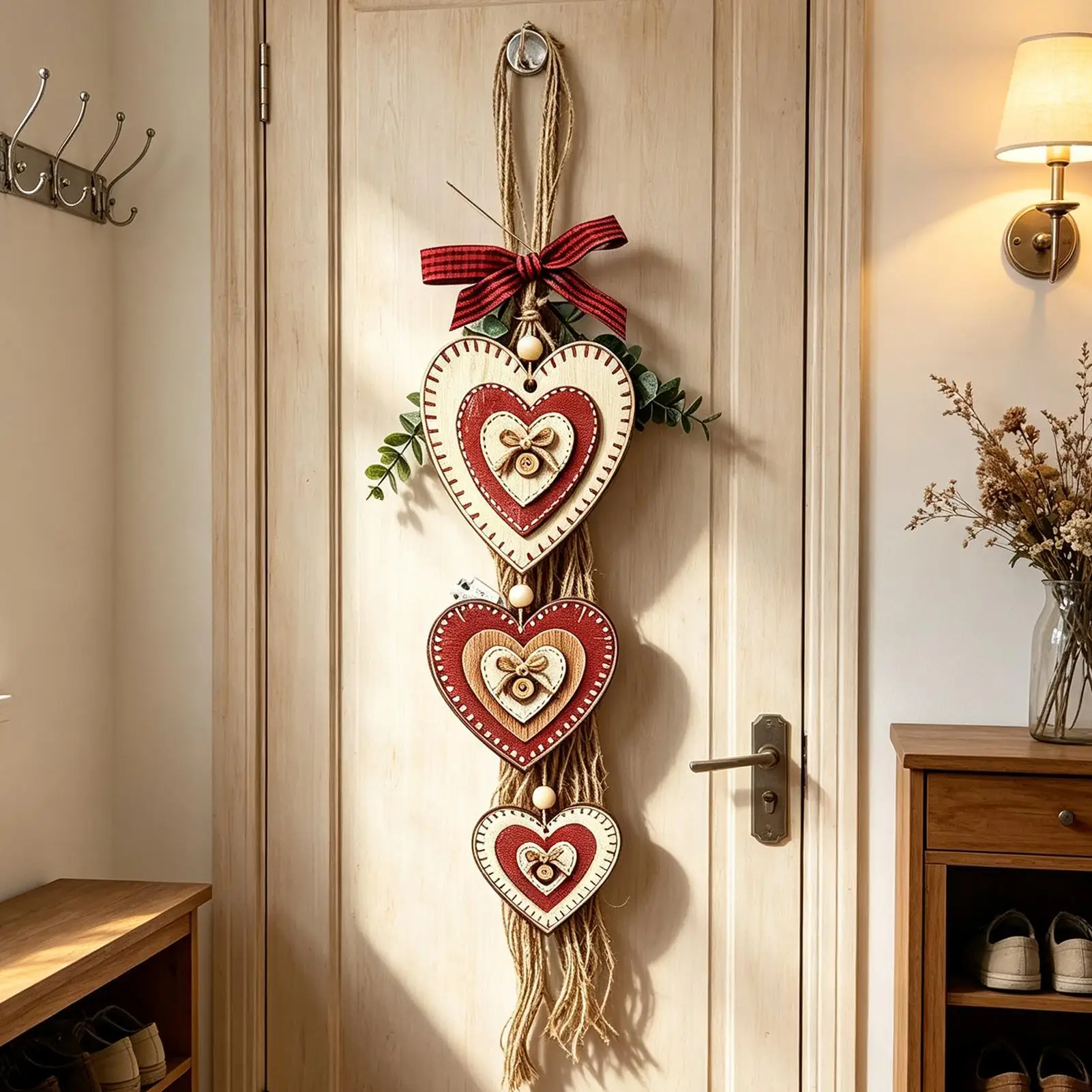 Hanging Heart Wall Decor With 5 Layers Of Wooden Hearts-Rustic Farmhouse Style Wall Hanging 5 Tiered Layered Heart home decor