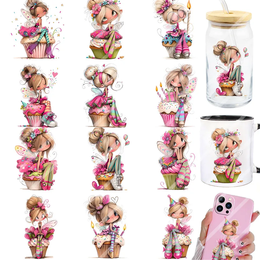 2 Stück Niedliche Feen auf Cupcake DIY UV DTF Abziehbilder für Becher, Gläser, Tassen, Kaffeebecher, Karten, Geschenke, Partydekoration
