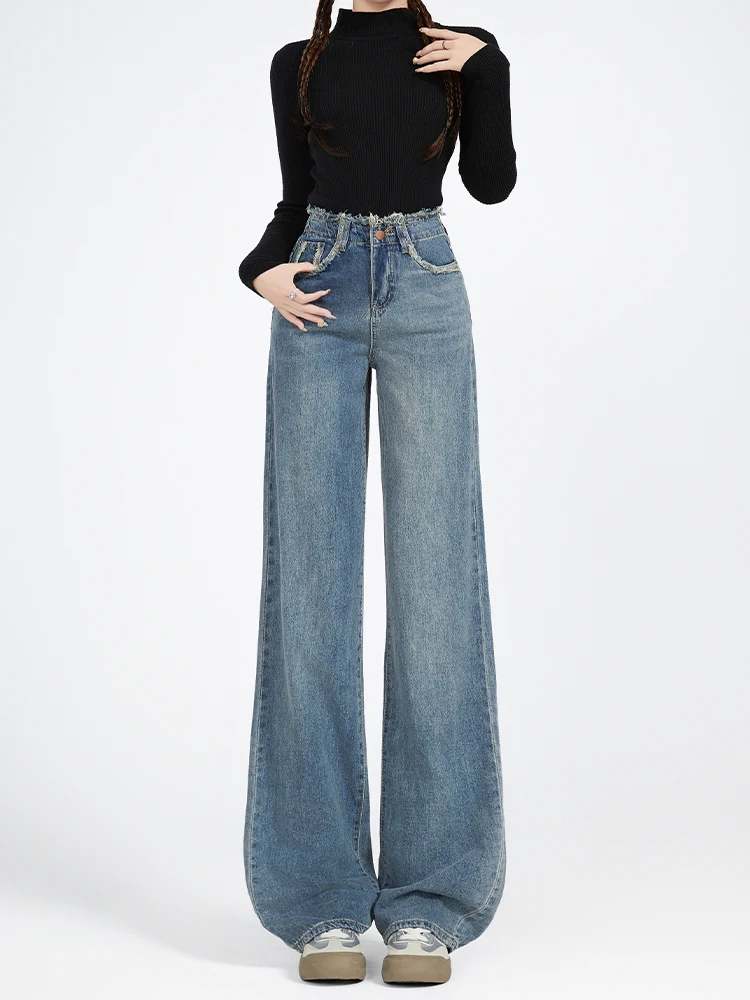 

Джинсы с высокой талией и широкими штанинами, синие, свободного кроя, модные, в винтажном стиле, стройнящие, прямого кроя, в пол, для женщин