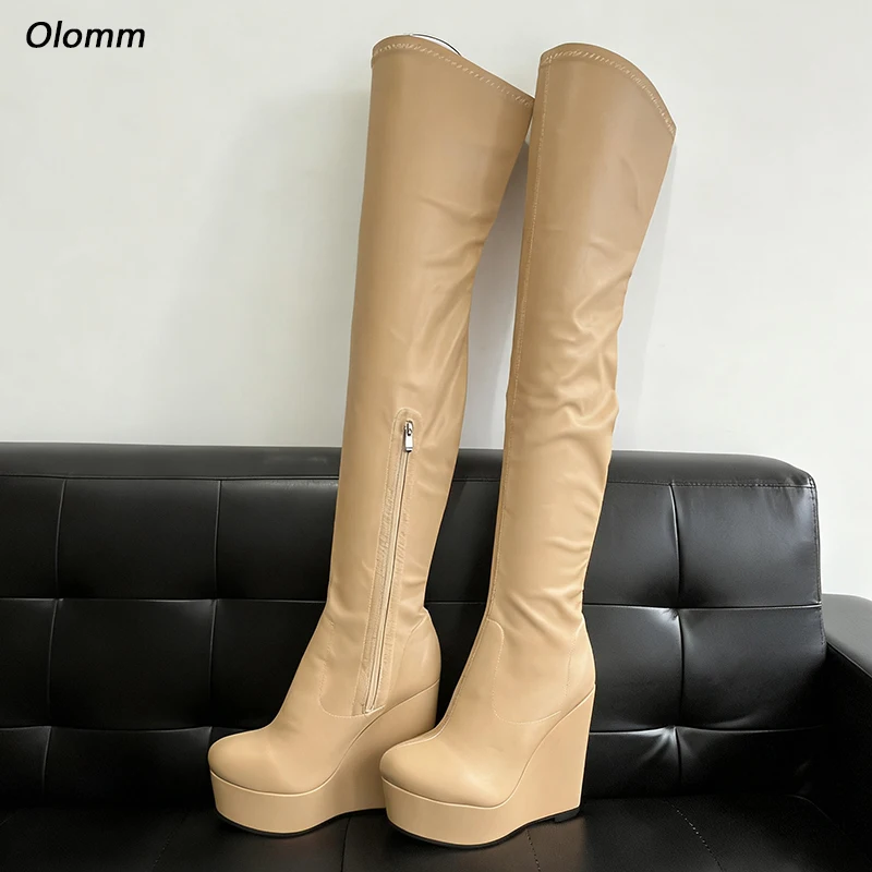 Olomm Women's Handmade Beige Over The Knee Boots - Wedge Heel - Platform Sole - Side Zip Closure Plus US Size 5-20