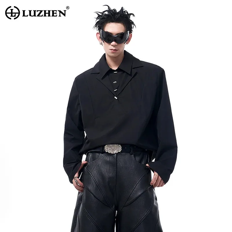 LUZHEN Fake Two Piece Double Collar Long Sleeved Shirt Solid Color Versatile Casual Trendy Pullovers Men's Clothing Tops LZ7366