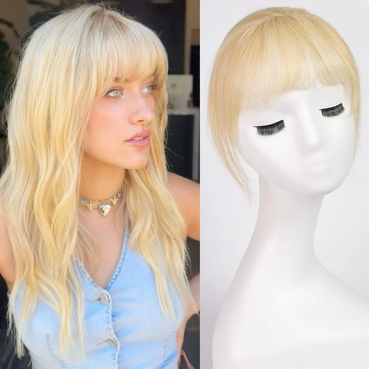 

Заколка для челки, 100% наращивание человеческих волос, блондинка, натуральная воздушная челка с висками для женщин, повседневное использование для косплея, вечеринки