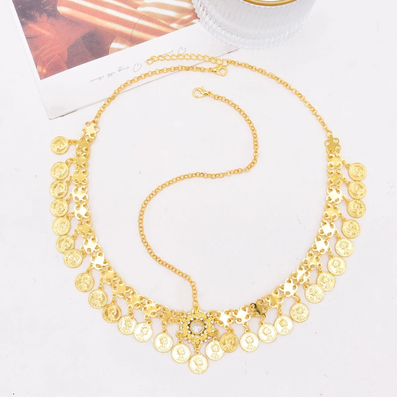 Golden Women Hair Jewelry Charms Pendant Coin Tassel Rhinestones Chains Headband Statement Arab Ethnic Hair Jewelry Female