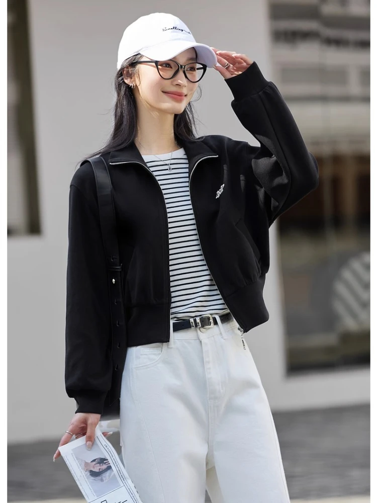 

VIMLY женские черные укороченные куртки с вышивкой, осень-весна 2022, спортивная шикарная повседневная короткая куртка на молнии с длинными рукавами A0738