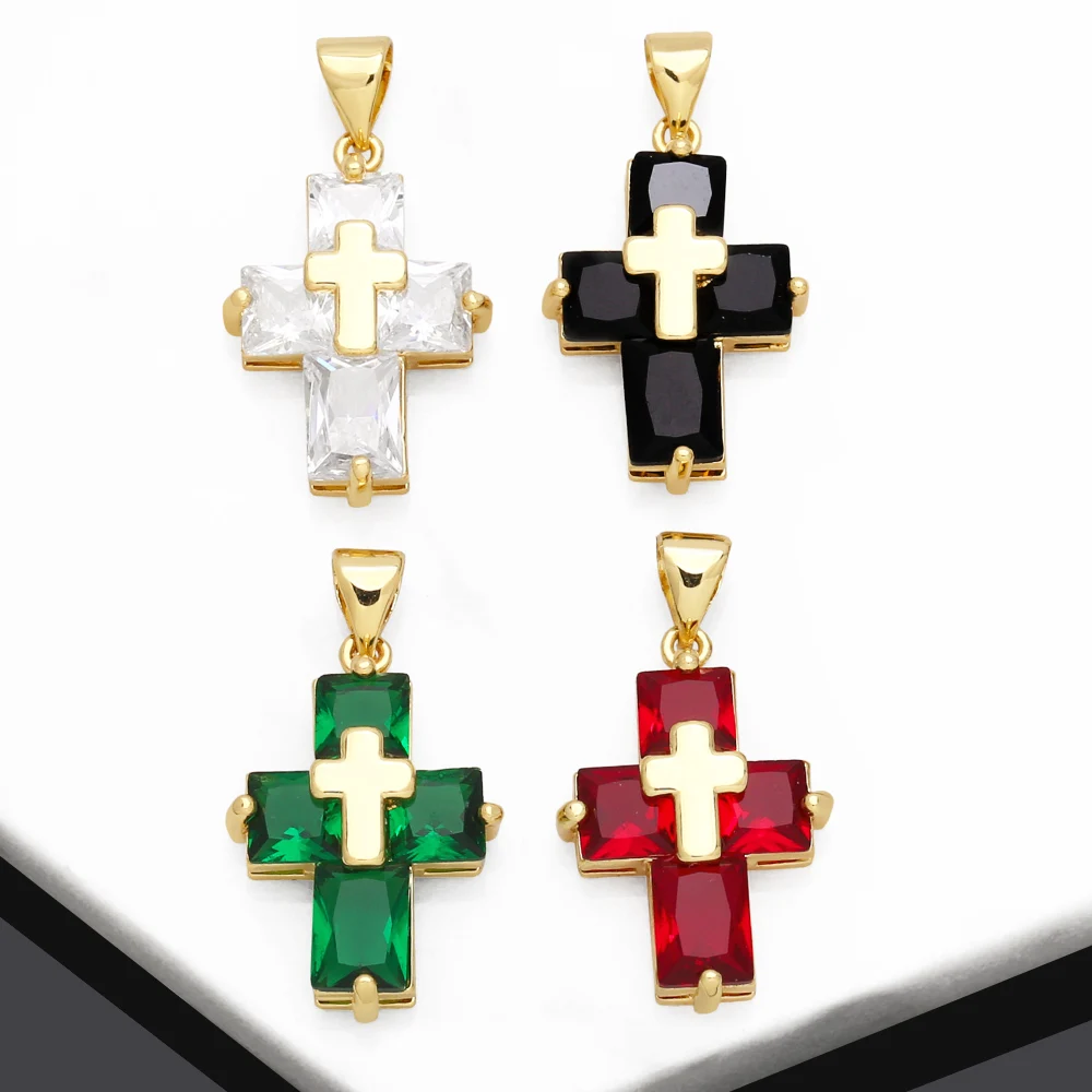 OCESRIO Multicolor Crystal Cross Pendant for Necklace Copper Gold Plated CZ Crucifix DIY Jewelry Making Component pdtb236