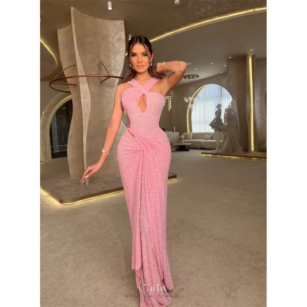 

Cathy Customized Pink Mermaid Shiny Sequins Prom Dresses Halter Neck Sleeveless vestidos de noiva Cut-Out Draped Formal Evening