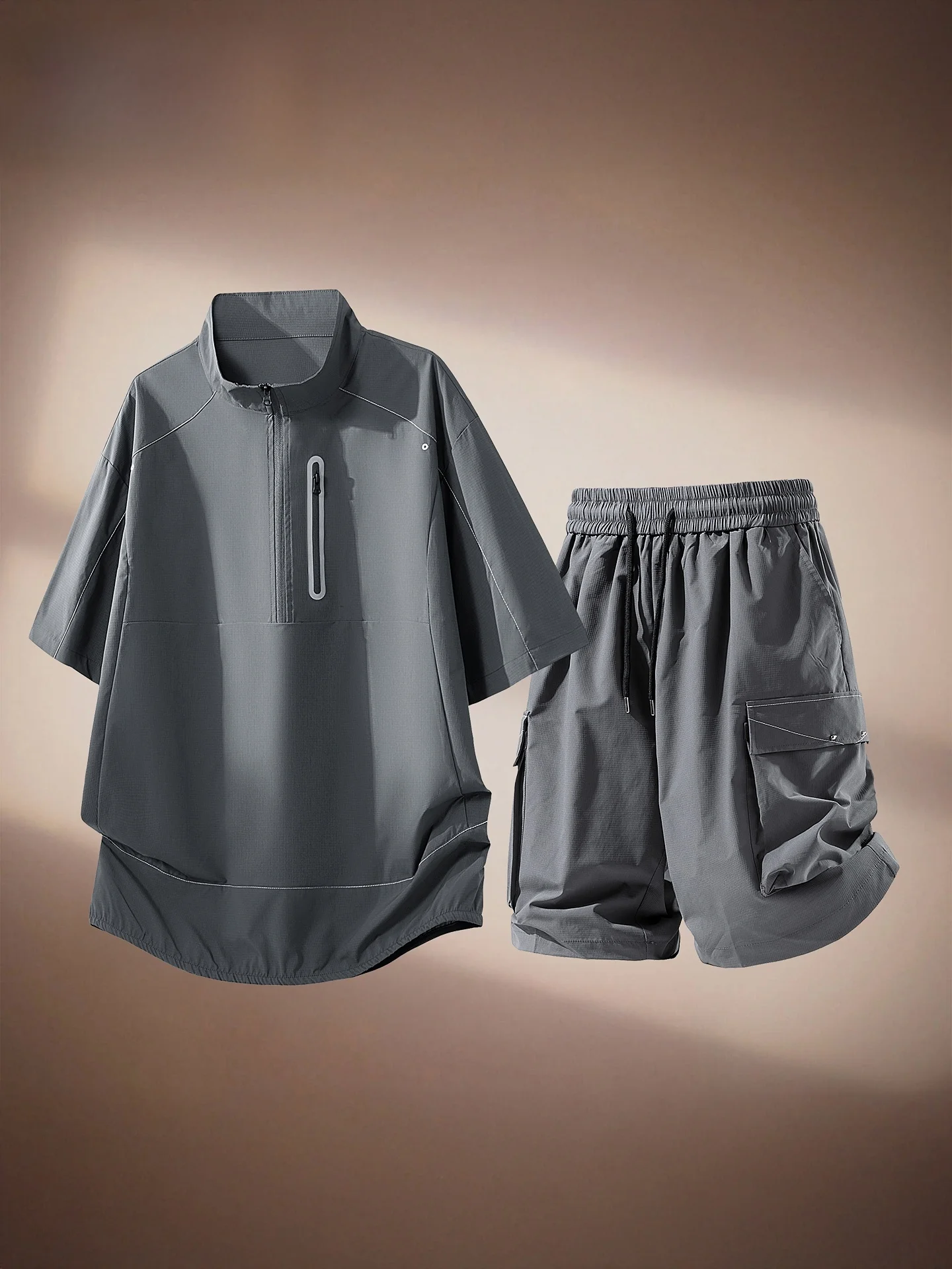 ensemble-deux-pieces-decontracte-d'ete-pour-hommes-col-zippe-manches-courtes-style-workwear-respirant-et-leger-en-fibre-de-polyester