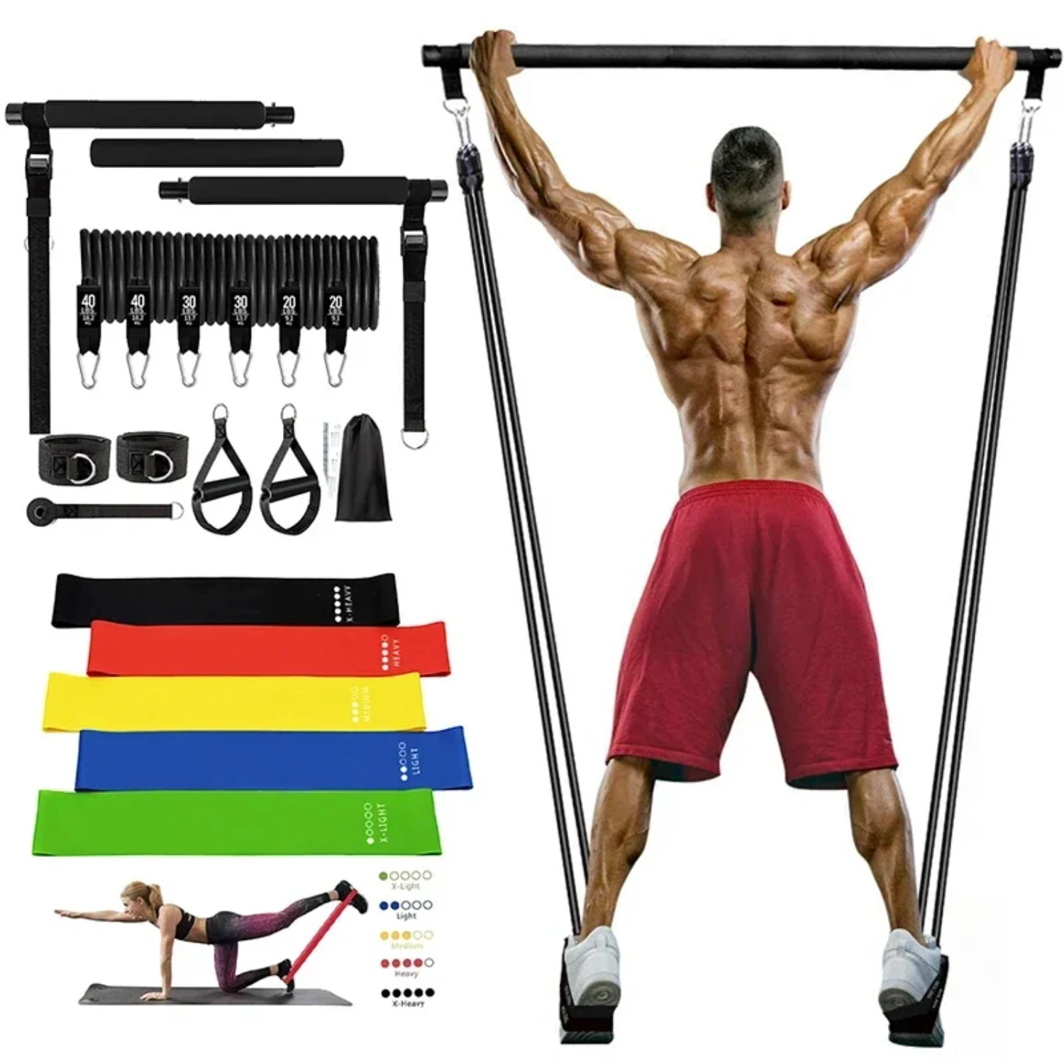 Pilates  Kit w/ Resistance Bands 3-Section Fitness Stick Elastic Bands  Exercise Leg  Arm Muscle Bodybuilding Equipment Work out