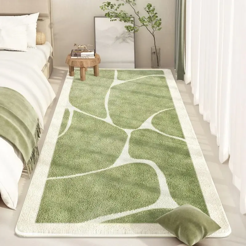 Fluffy Rectangular Bedroom Carpet Soft Bedside Carpet Non-slip Bedroom Area Rug Artificial Wool Short Pile Carpet Green Striped