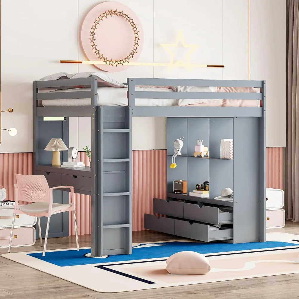 Lit mezzanine pleine grandeur gris avec bureau et étagères de rangement, lit mezzanine en bois pleine grandeur avec lumières LED, cadre de lits hauts pour enfants