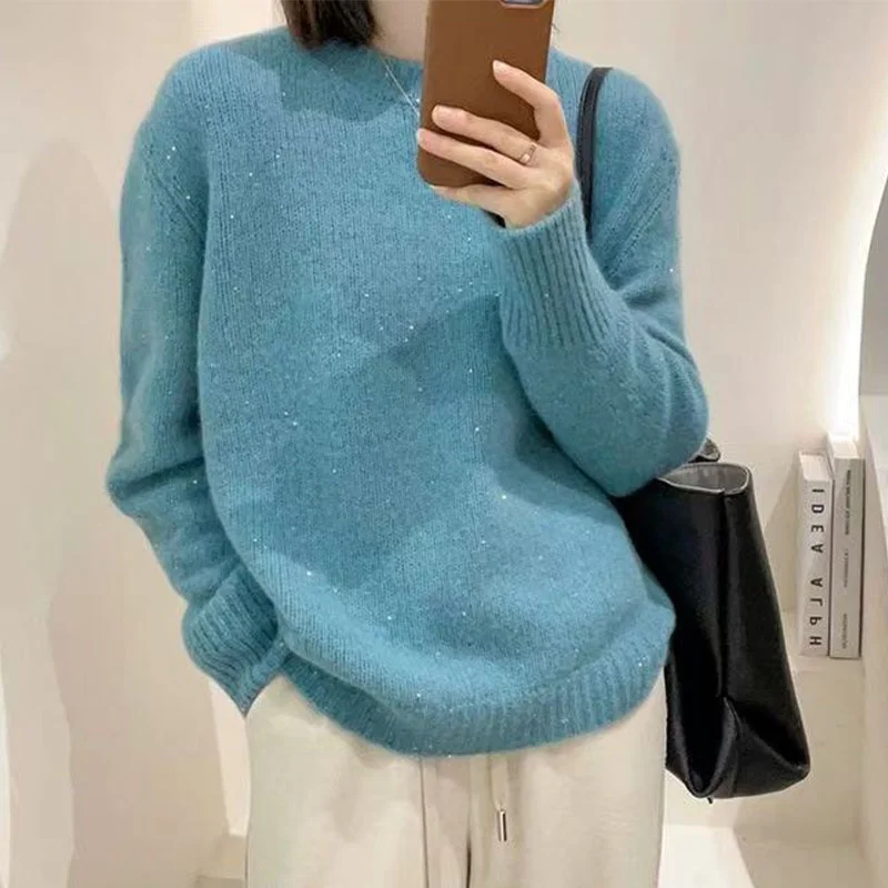 

Женский круглый свитер iny Silk Camere, свободная зимняя верхняя одежда, вязаный топ, милый свитер обычной длины, накладные волосы