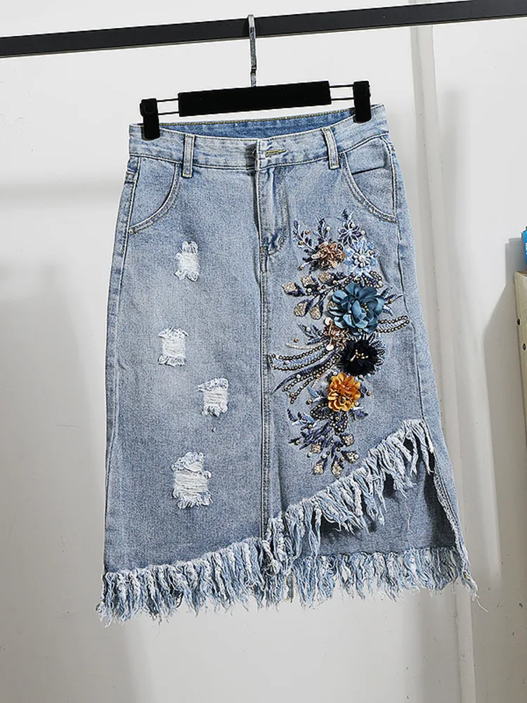 

Summer Women's Denim Skirt Fashion Embroidery Ripped Jeans Skirt Woman Tassels Floral Elegant Slim Casual Calf Skirts Female