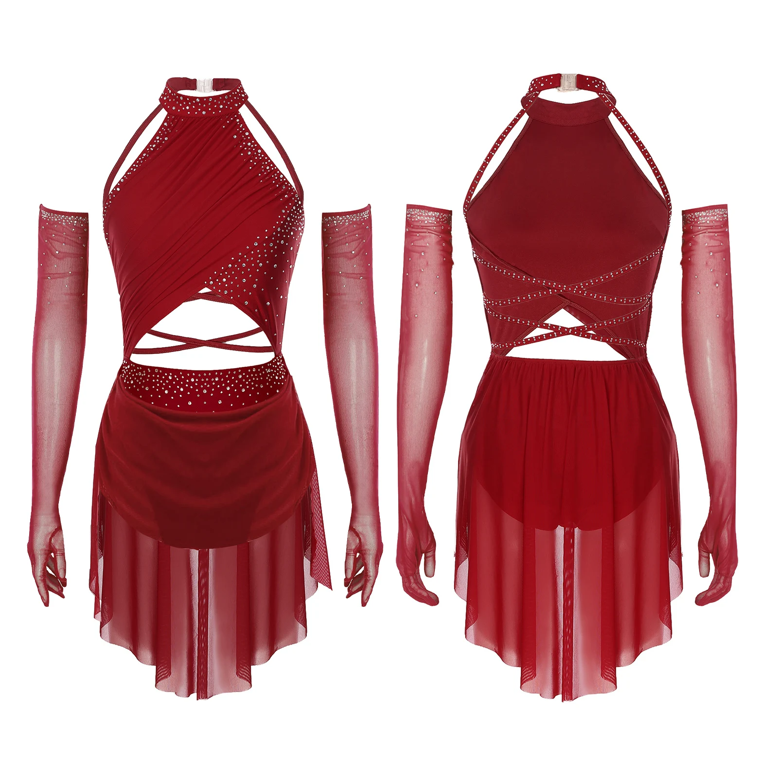 

Women Lyrical Dance Dress Modern Jazz Tango Dance Stage Costume with Sheer Gloves Halter Strappy Back Sleeveless Leotard Dress