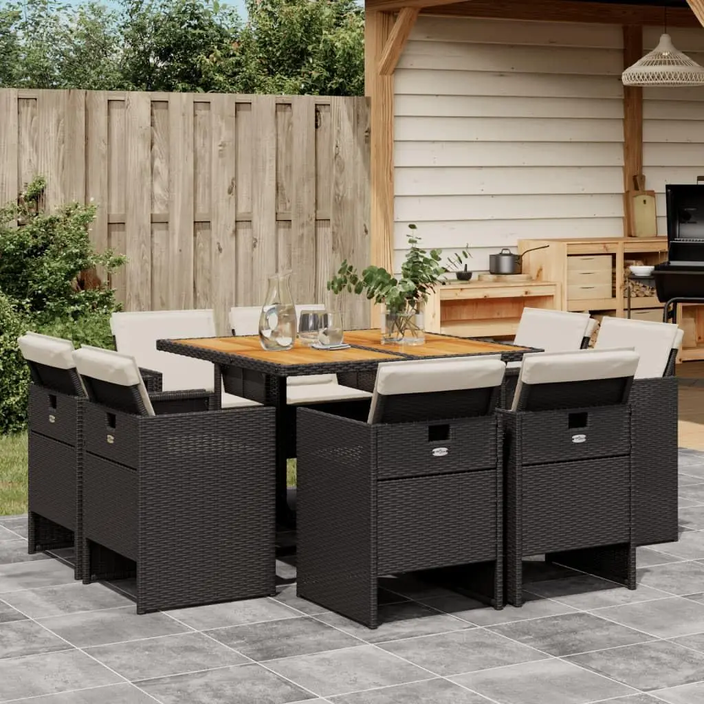 9 Piece Outdoor Dining Set with Cushions & Black Poly Rattan for Patio Garden, Customized