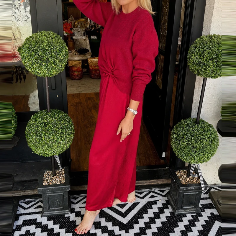 Simples e elegante roupas de festa feminino o-pescoço manga comprida camisola e vestido conjunto de duas peças novo outono casual sólido terno de deslocamento