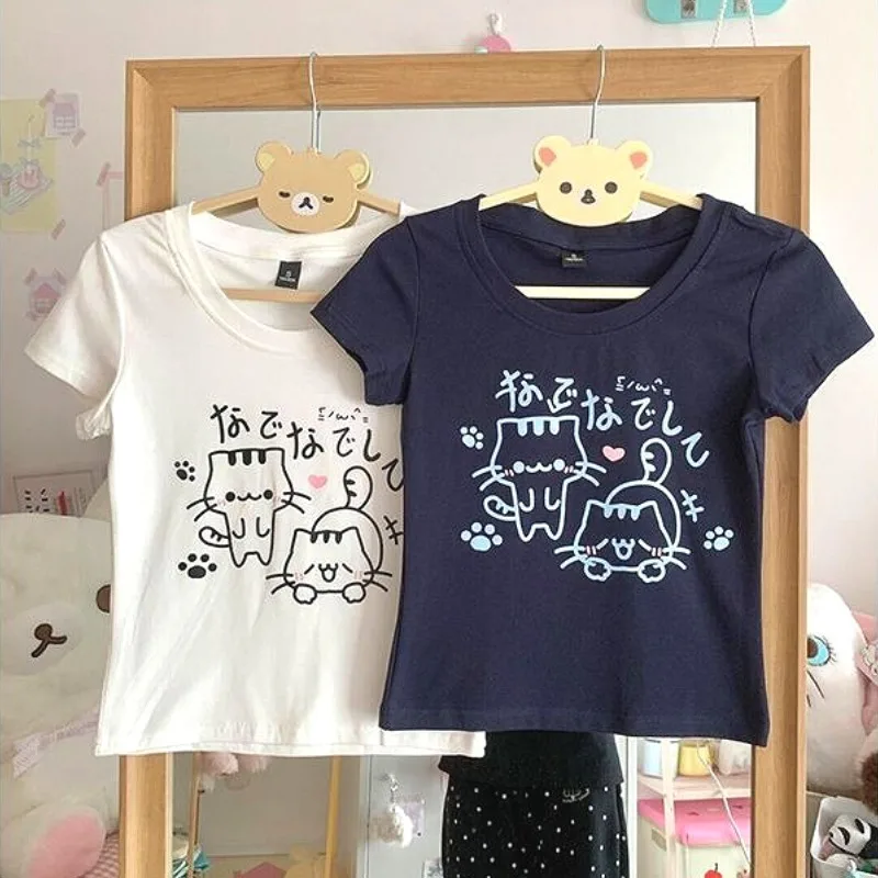 

Японская мода, готический мультяшный кот, принт Лолиты, женские футболки Y2k с коротким рукавом и круглым вырезом, милые топы, милые повседневные футболки для корейских девочек