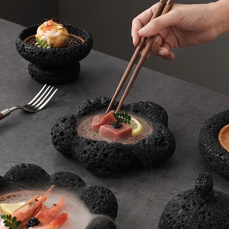 Creative Tableware, Volcanic Stone Art Plate, Dry Ice Sushi Plate, Unique Cement Honeycomb Coal Ball Shaped Dishes, Kitchen