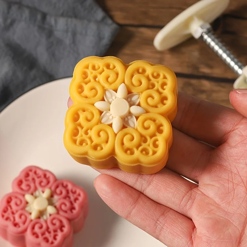Square Moon cake Mold,Including 1 Mold And 1 Stamps, Hand-Pressed Floral Pattern Square Cookie Press Mold For Kitchen