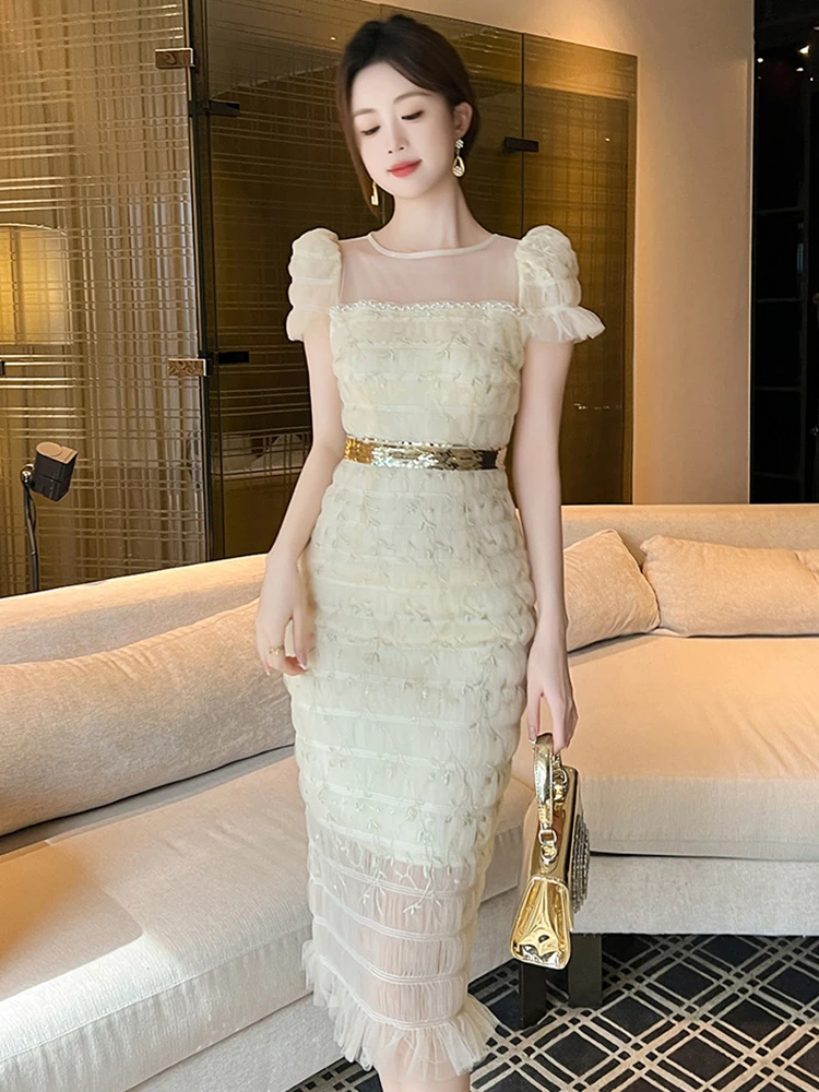 Damska Sukienka na Imprezę w Stylu Francuskiej Socjality, Słodka Elegancka Przezroczysta Siateczka, Falbany, Haft, Cekiny, Obcisła Sukienka, Suknia Bankietowa, Vestidos Lady