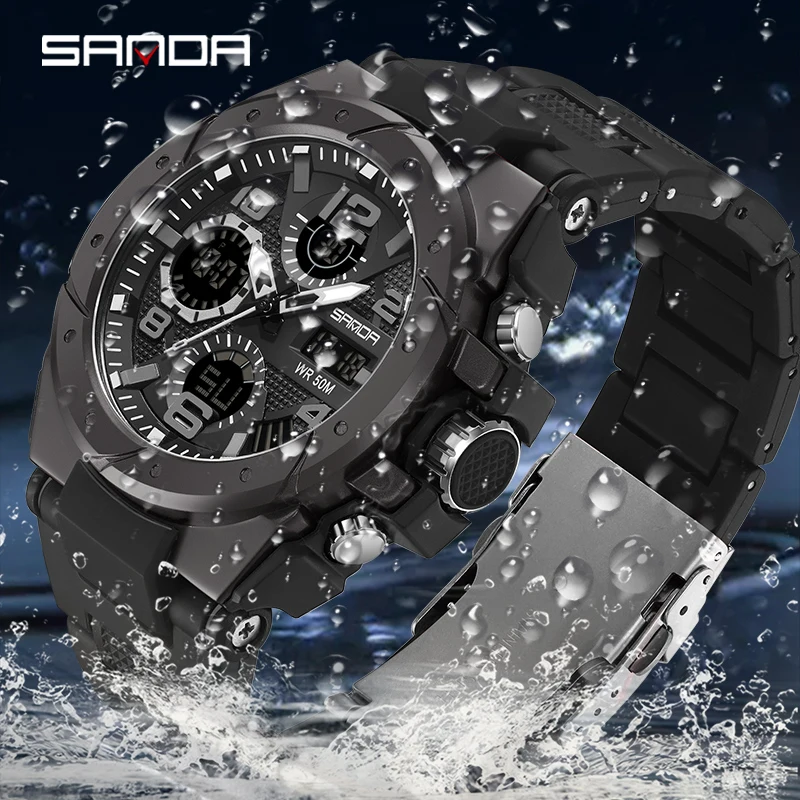 SANDA Men Sports Watches Dual Display Analog Digital LED Electronic Quartz Wristwatches Waterproof Swimming Military Watch 9009