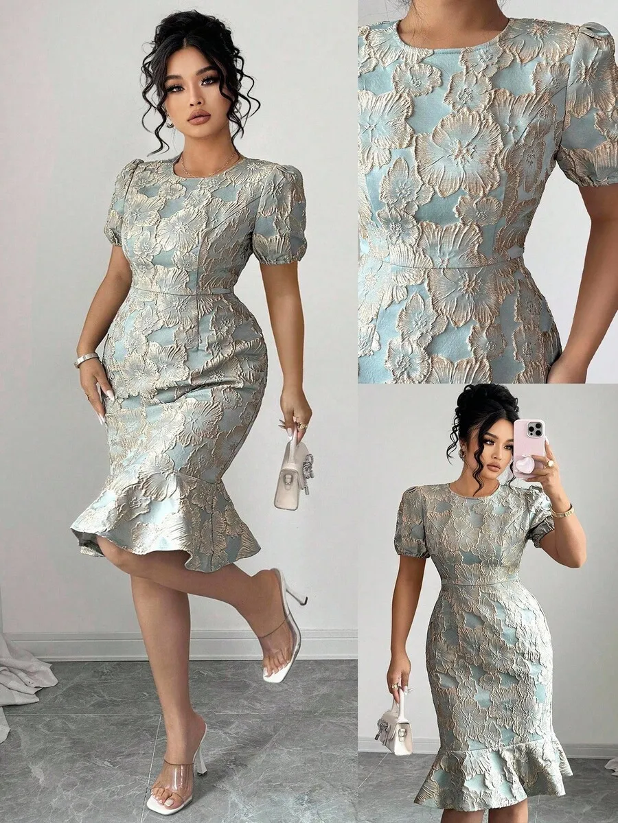 

Elegant Fishtail Dress with 3D Floral Embroidery, Short Sleeve, Round Neck, Fitted Waist