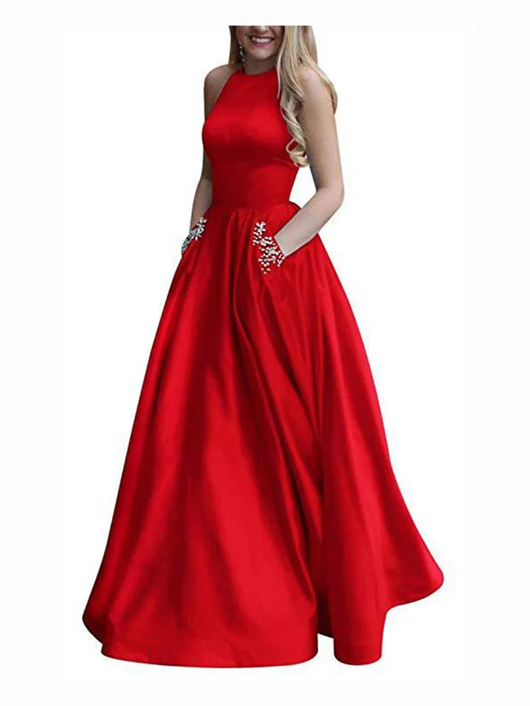 

GUXQD A-Line Satin Evening Dresses Women Beading With Pocket Prom Party Gowns Formal robes de soirée Vestido De Fiesta