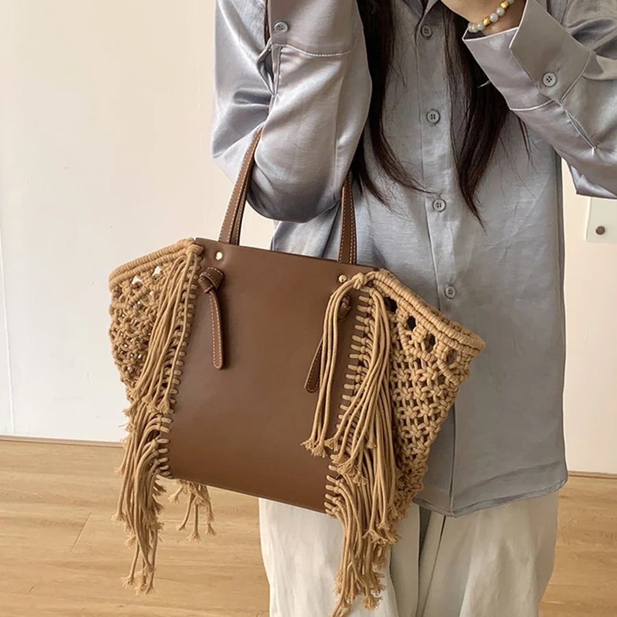 

Casual Tassel Woven Women Shoulder Bags Handmade Fringe Lady Handbags Summer Beach Large Tote Bag Shopper Purse for Vacation Sac