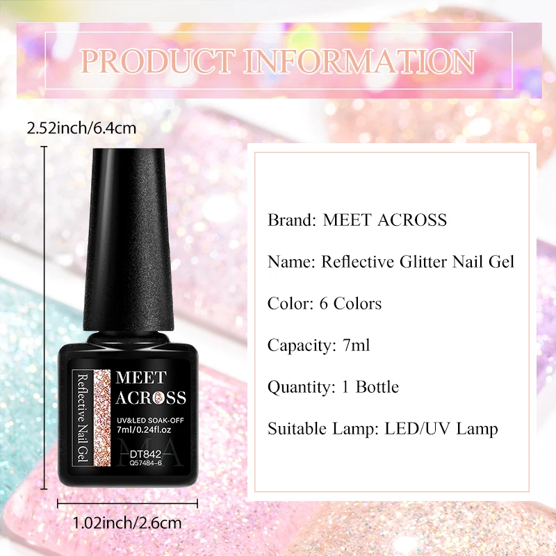 MEET ACROSS 7ml Fonkelende Nagelgel Polish Glitter Nail Art Semi Permanente Hybride UV LED Gel Voor Nagels manicure Base Top Coat