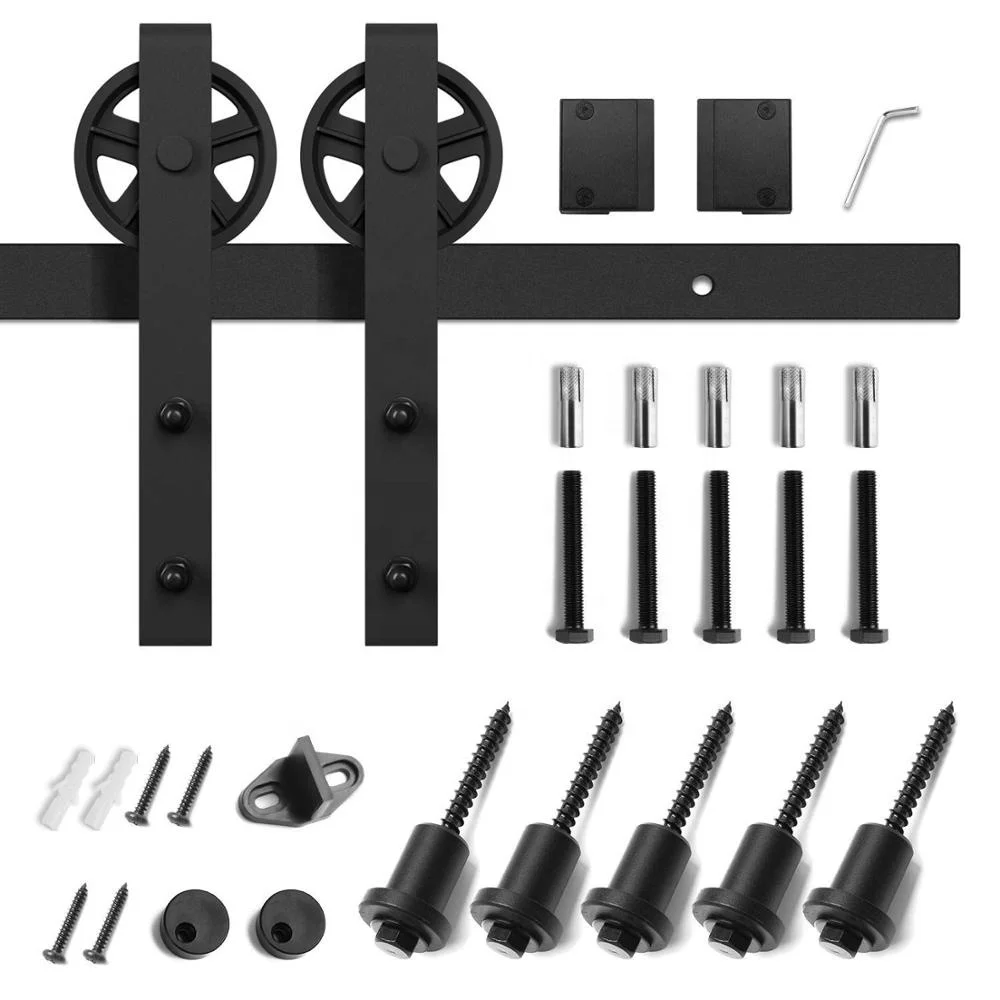 Modern Big Wheel Interior Carbon Steel Sliding Wood Barn Door Hardware Kit Easy Screw Barn Door Track System view 4