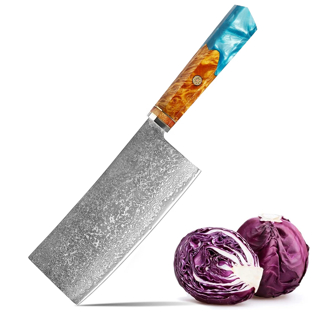 

Нож-тесак из дамасской стали 7 дюймов, синяя рукоять из смолы и дерева, китайский стиль, профессиональный кухонный нож для нарезки