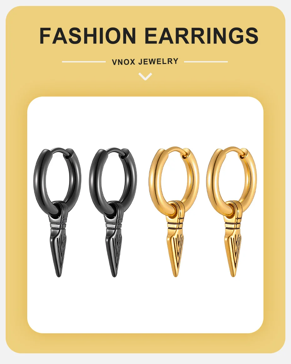 Vnox Edelstahl-Creolen, Speerspitzen-Ohrringe im Punk-Gothic-Stil für durchstochene Ohren bei Männern, Schmuck in Schwarz, Gold und Silber. – Detail 1