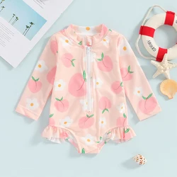 6M-4T Baby Girl Swimsuit Summer Fruit Print Pleated Long Sleeved Monokini Toddler Swimsuit Beach Cute Swimsuit Beachwear