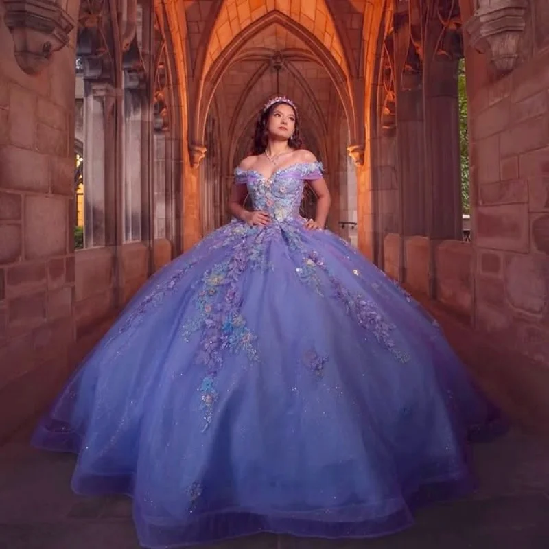 

Lavender Quinceanera Dresses Off the Shoulder Crystal 3D Flower Decal Lace Long tail Vestido De 15 Quinceanera Customize