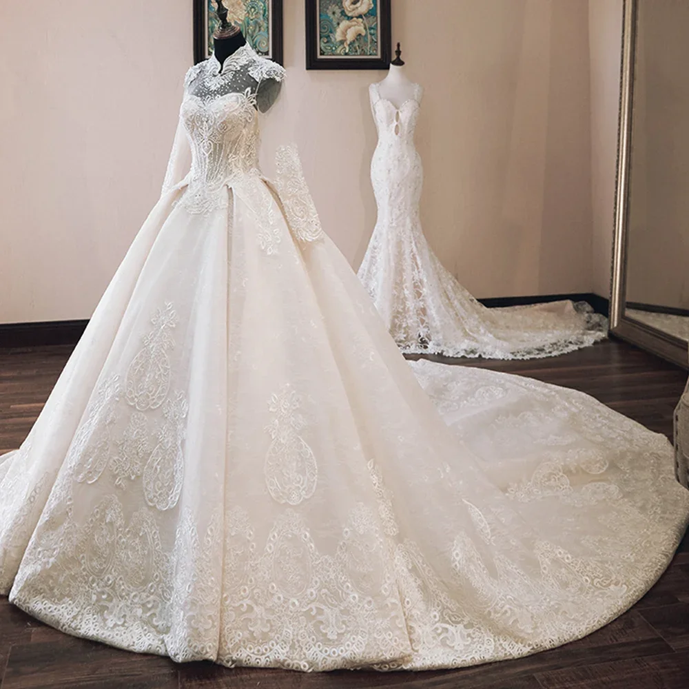 Vestido de Casamento, роскошное бальное платье с аппликацией из бисера, свадебные платья, платье невесты с длинным рукавом и высоким воротом, платье для выпускного вечера по индивидуальному заказу