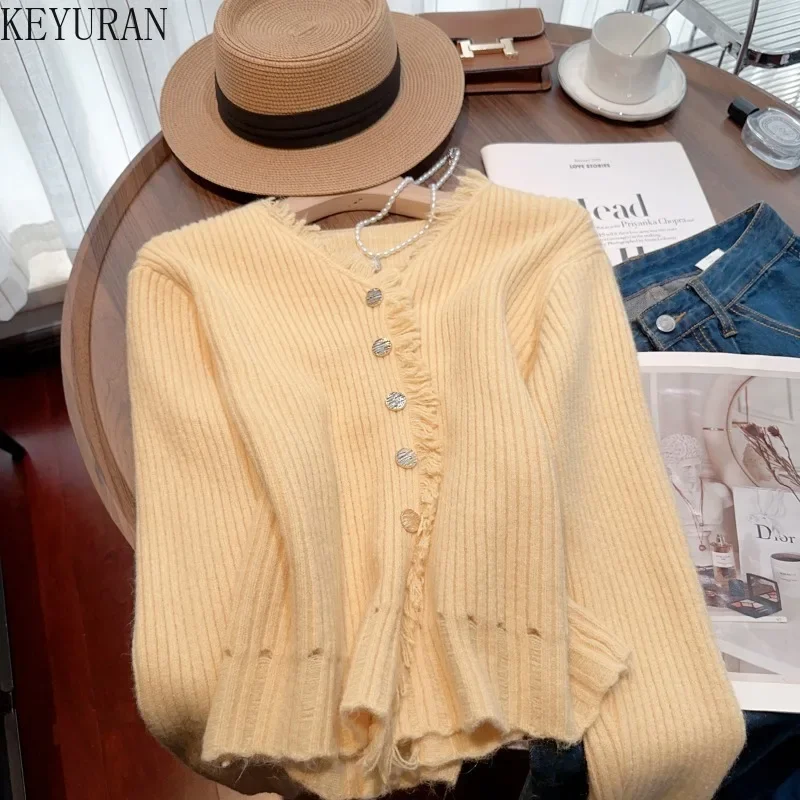 Golden Button Tassel Sweater Jacket Women\'s 2024 Autumn Winter New Solid Color V-neck Long Sleeve Knitted Cardigan Tops Jumper