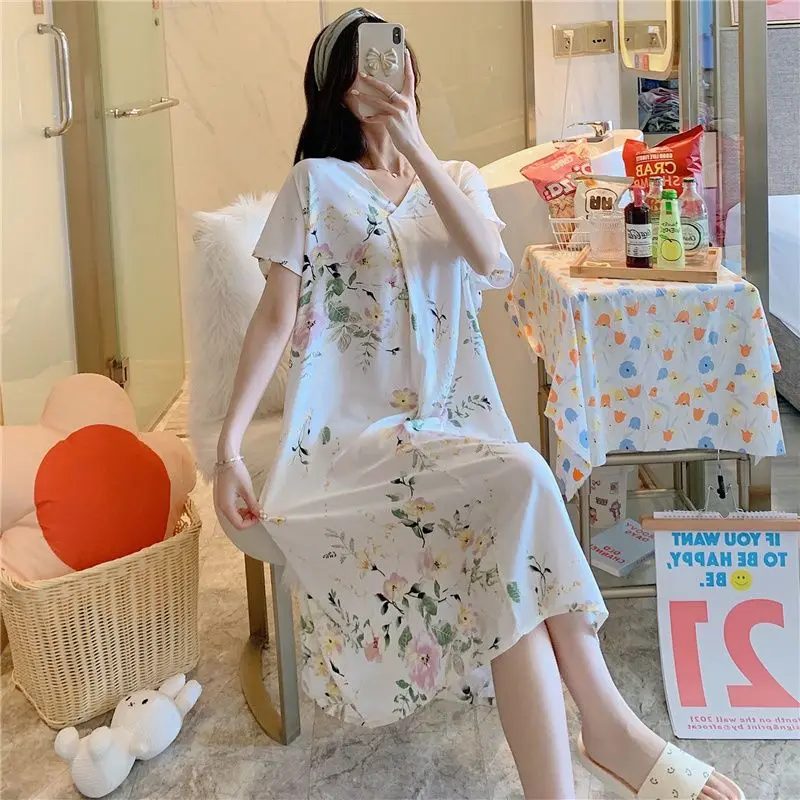 2026 Cotton Silk Nightgown Women's Summer New Short-sleeved Cartoon Printed Pajamas Korean Version Large Size Loose  Loungewear
