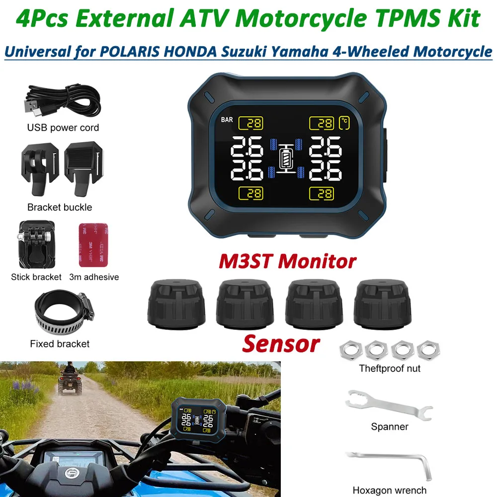 4-Wheeled Motorcycle TPMS Tire Pressure Monitor System with 4 External Sensors,Auto Tyre Alarm System Universal TPMS LCD Display