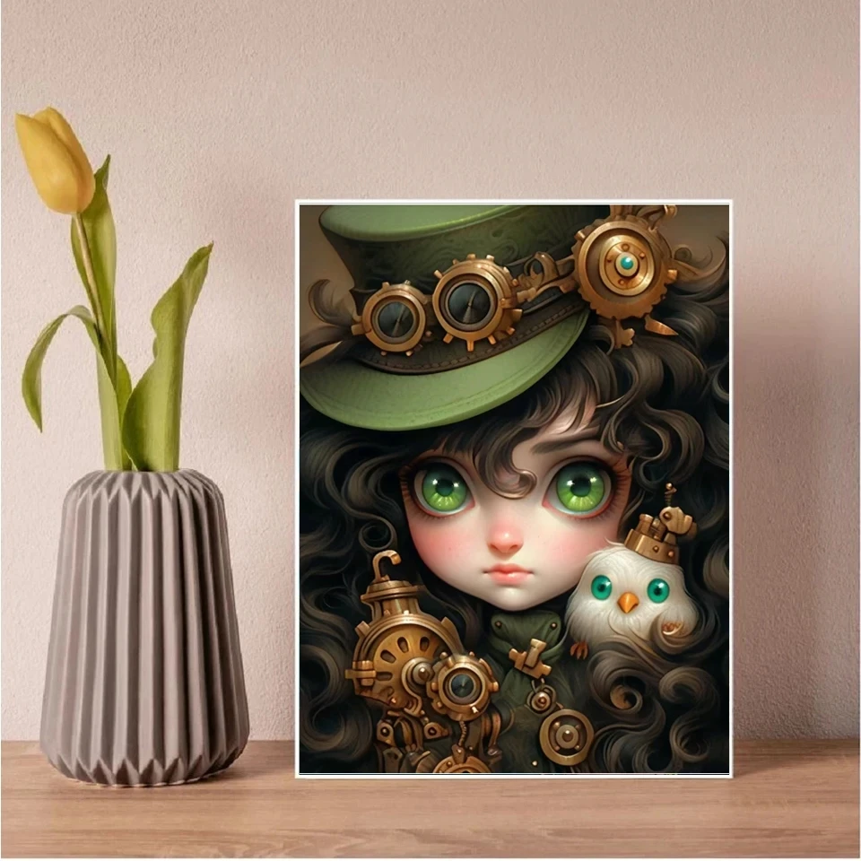 Sweet Steampunk Girls Diy Diamond Painting Cute Pretty Girl Owl Full Diamond Mosaic Embroidery Cross Stitch For Home Decor X1395