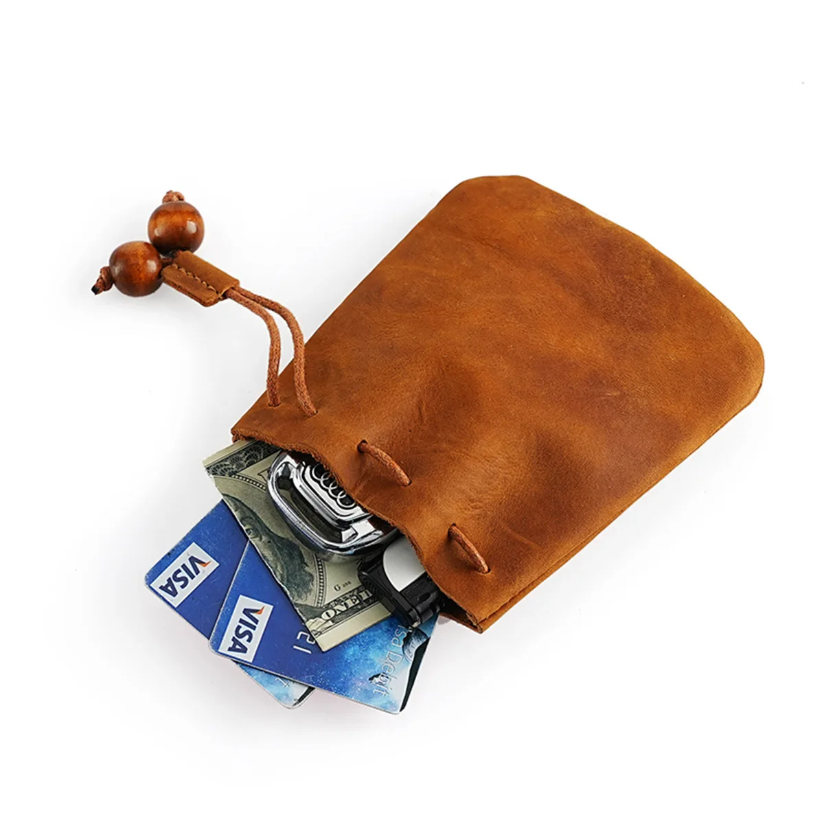 Genuine Leather Drawstring Coin Pouch with Metal Lobster Hook, Men and Women Retro Storage Bag for Keys Coins Cash Cards