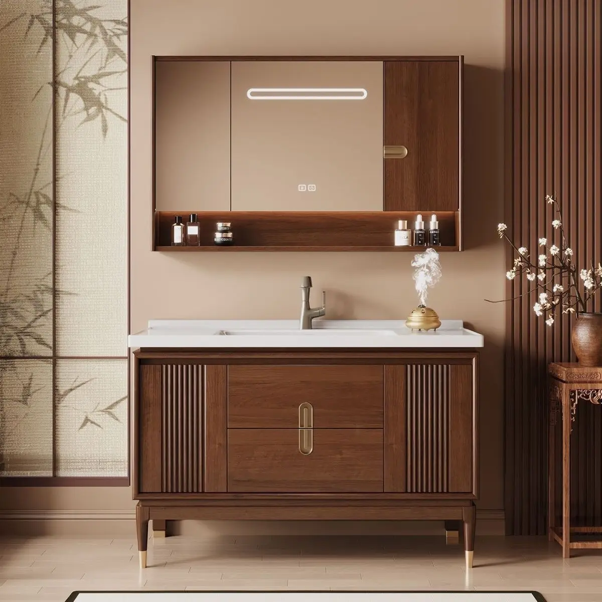 New Chinese ebony oak bathroom cabinet waterproof and moisture-proof ceramic integrated spray smart mirror simple cream color