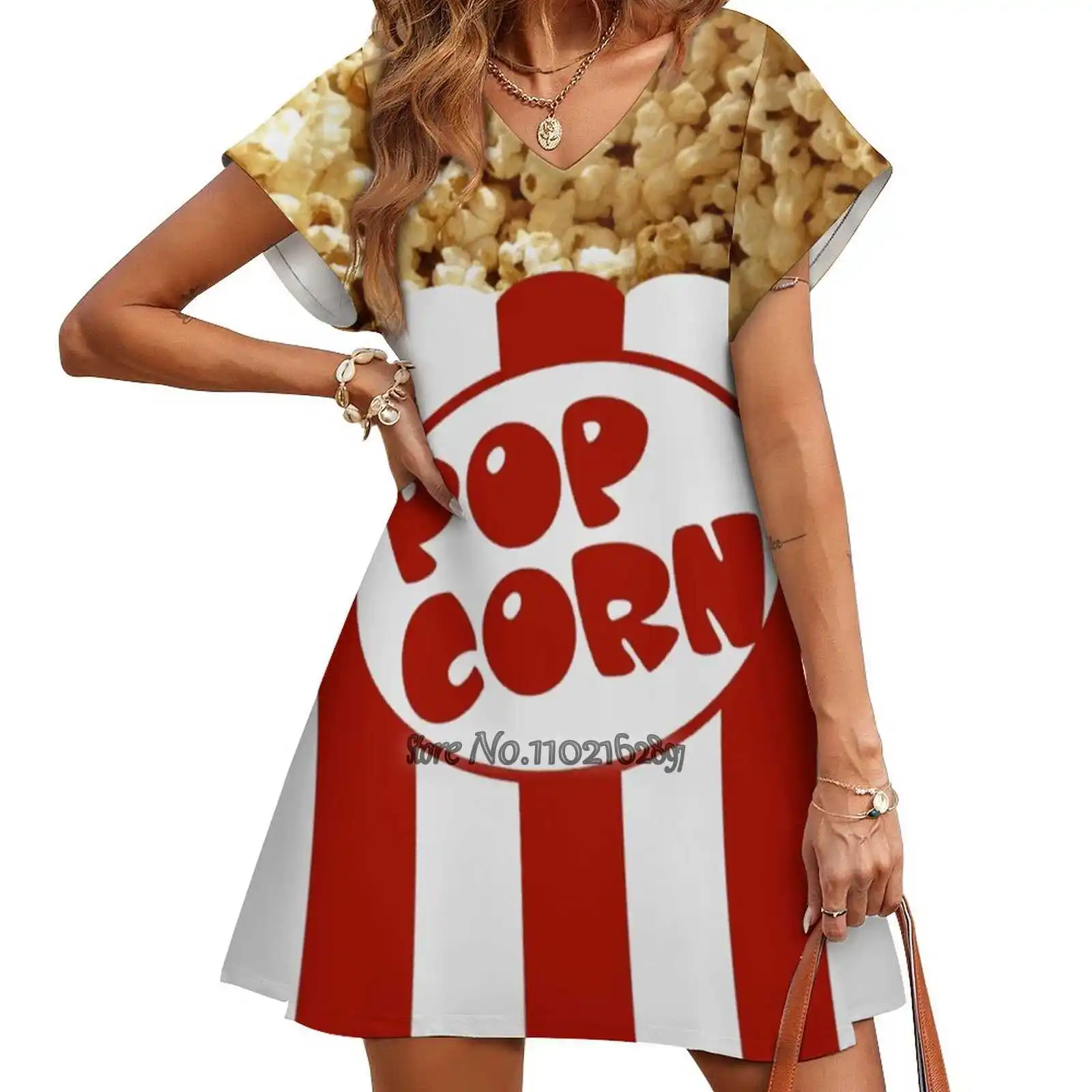 Popcorn V-Neck Short Sleeve Dress A-Line Skirt Women\'S Clothing Office Lady Elegant Skirt Popcorn Skirt Dress For Women