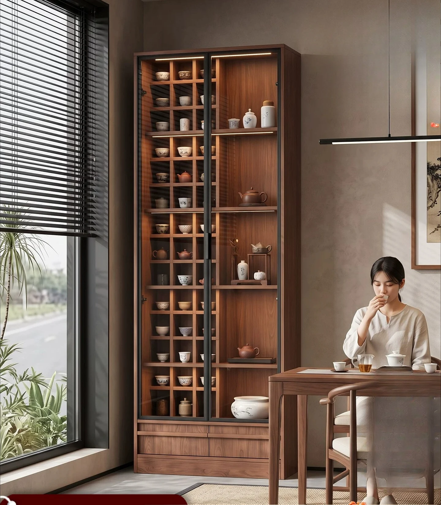 Medieval style floor-to-ceiling Duobao Pavilion Bogu frame tea room tea set display cabinet tea rack storage cabinet against the